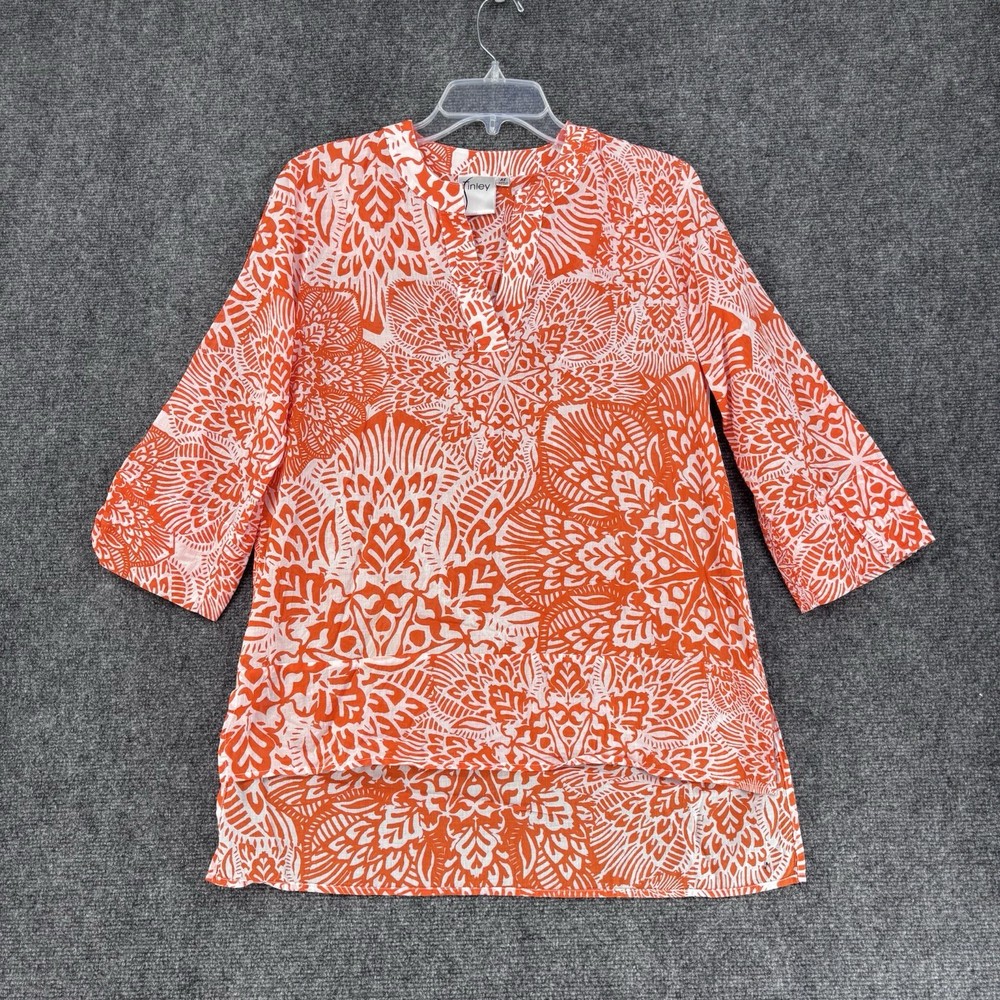 Finley Carley Orange & White Floral Resort Tunic Top Women’s XS Boho USA Made