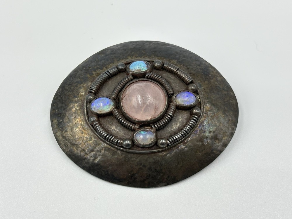 Antique Arts & Crafts Hammered Sterling Silver Rose Quartz Opal Pin Brooch