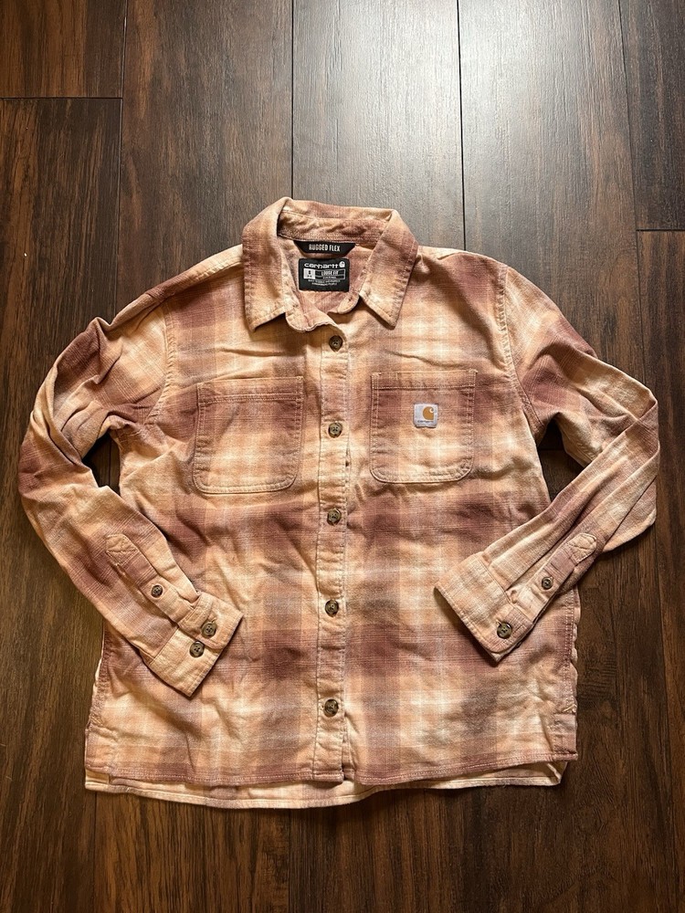Carhartt Rugged Flex Plaid Button Up Shirt Womens Small Pink Loose Fit