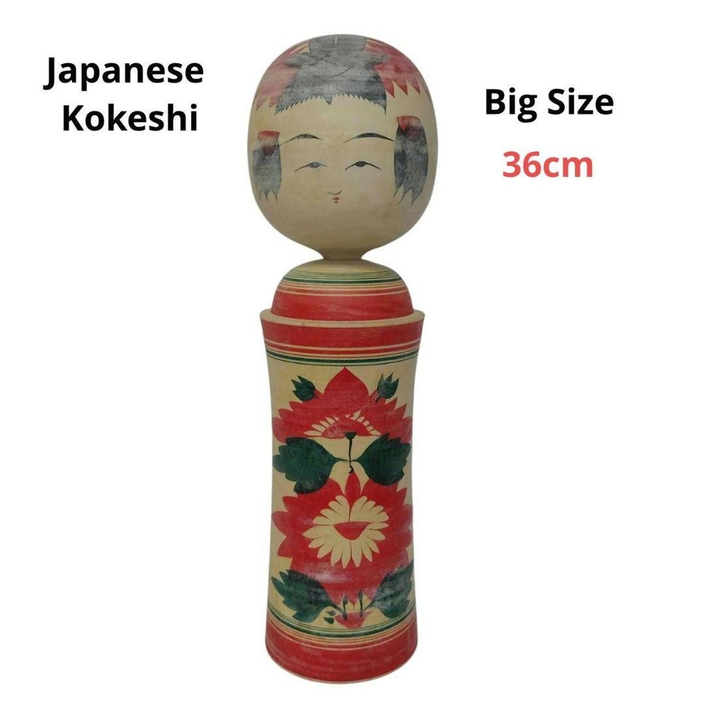 Giant Kokeshi Doll 36cm Handcrafted Wooden Japanese Folk Art Red Floral Design
