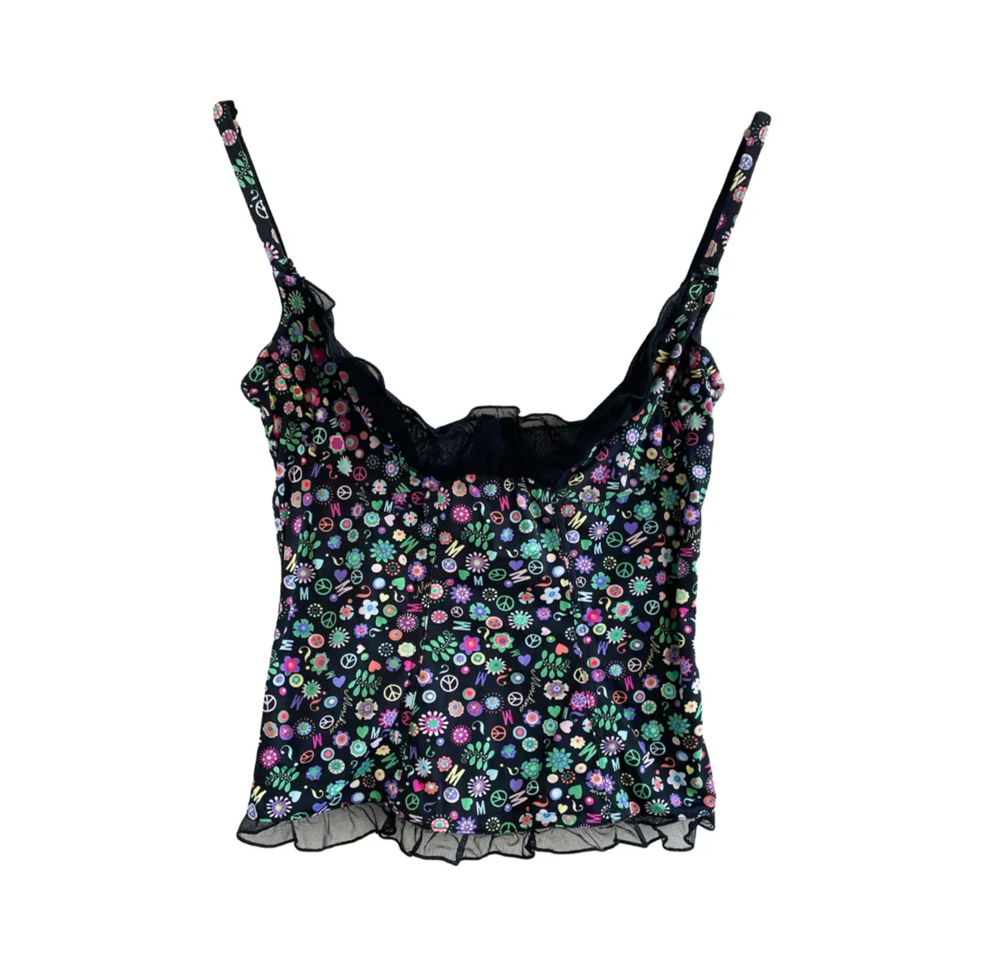 Moschino Vintage Corset Top S – Y2K Graphic Print Bustier, 90s Designer Lingerie