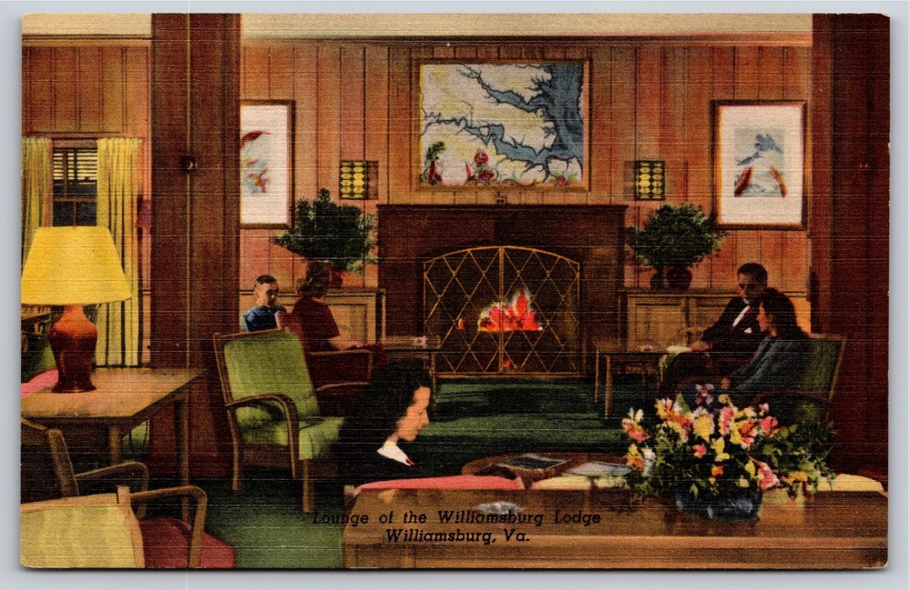 Williamsburg Virginia~Lounge of Williamsburg Lodge~Vintage Linen Postcard