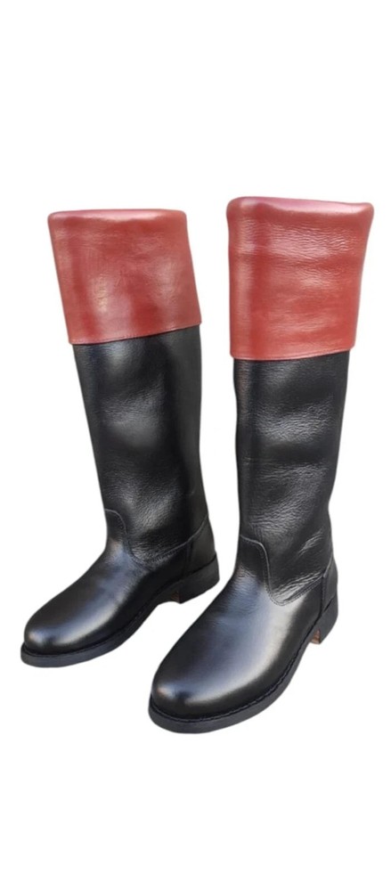 Handmade Revolutionary Military Riding Black Leather Long Boot with Leather Sole