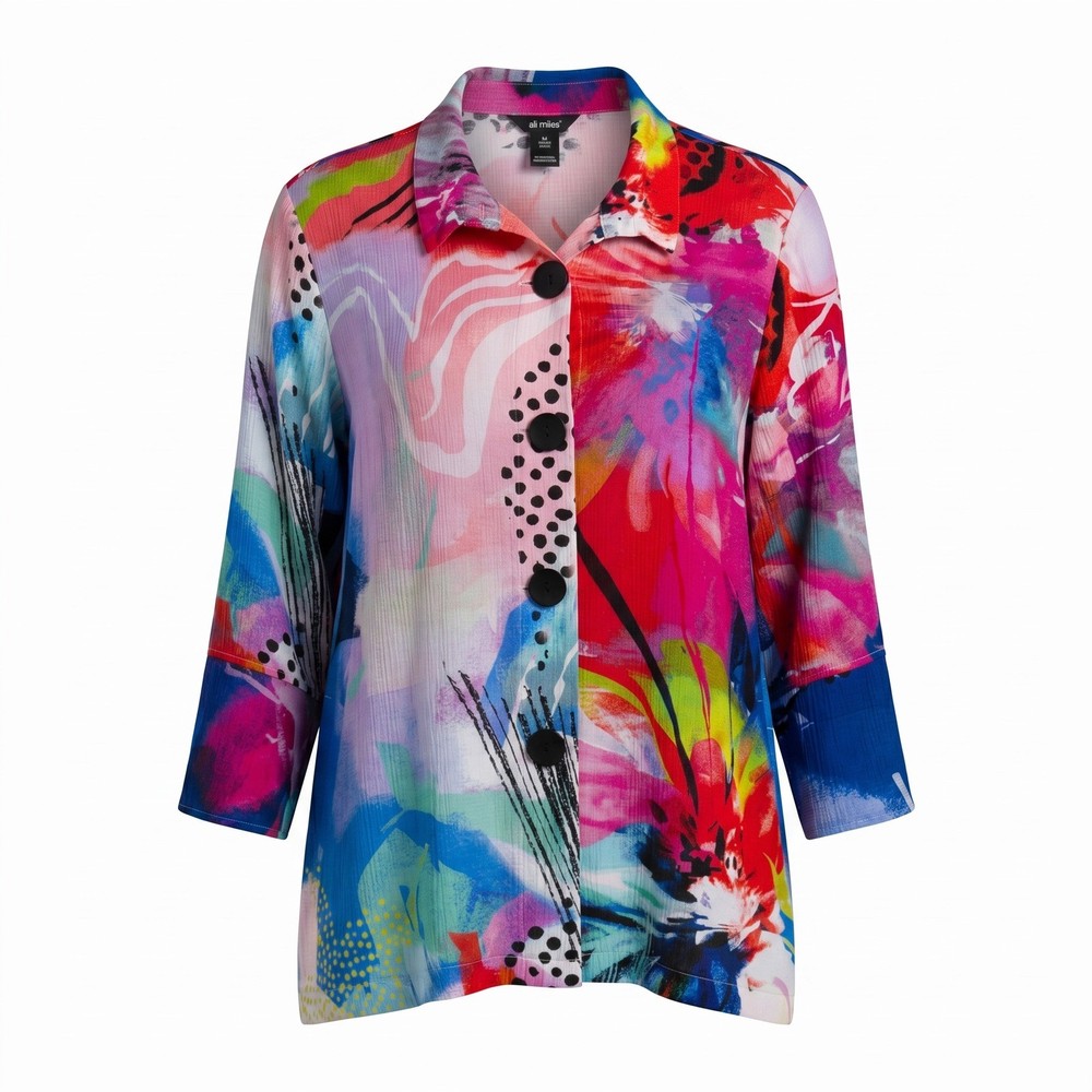 Ali Miles Button Up Shirt Tunic Top Women 1X Art to Wear Abstract Lagenlook Boho