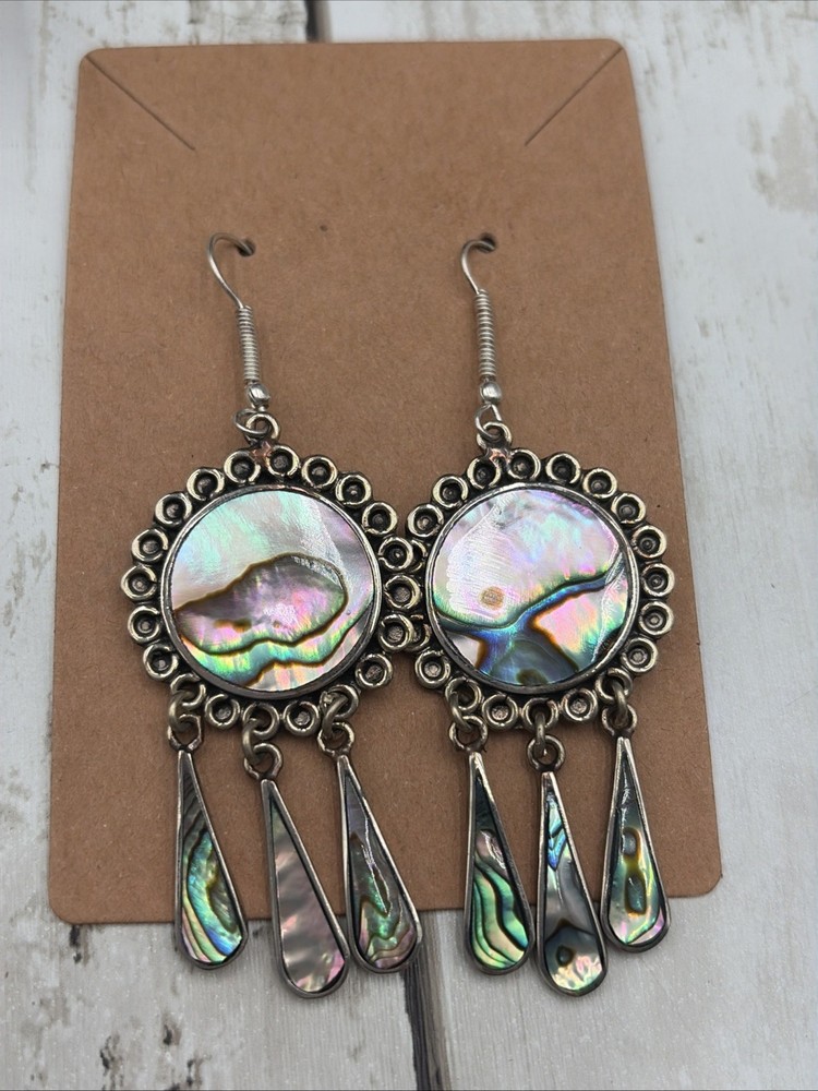 Vtg Alpaca Mexico Abalone Shell Inlay Chandelier Dangle Earrings Boho