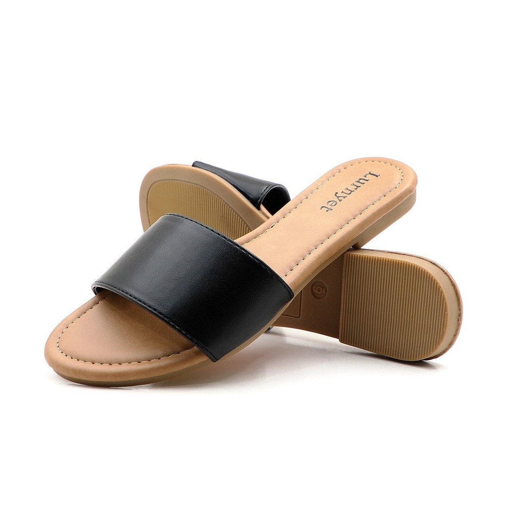 Glaze Women's Classic Slide Sandals Faux Leather Tan Footbed Casual Flat Slip-On