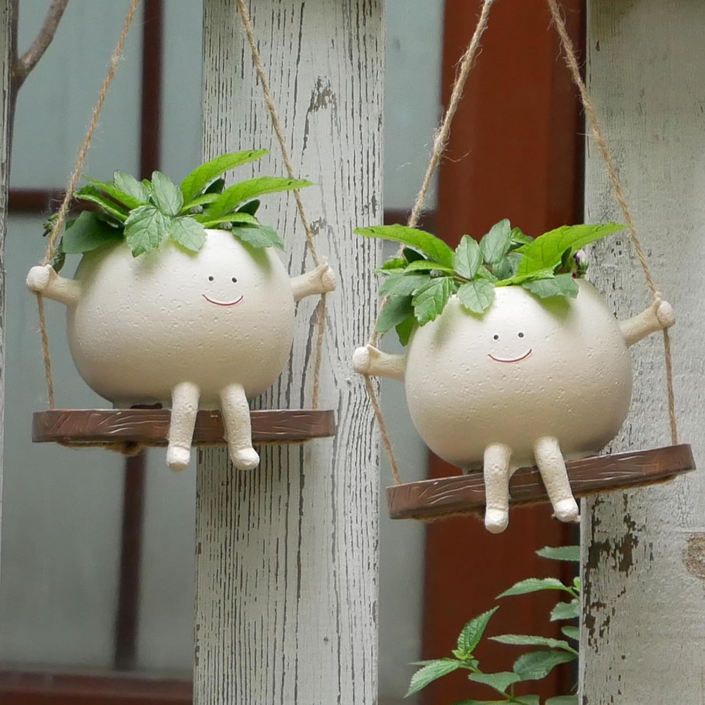 2 Pcs Swing Hanging Planters Indoor Plants Swinging Plant Pot Face Hanging Resin