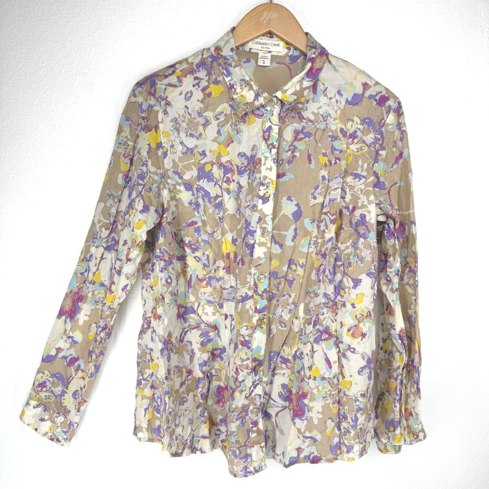 Coldwater Creek Floral Button Shirt XL Purple Cotton Office Lightweight Artsy