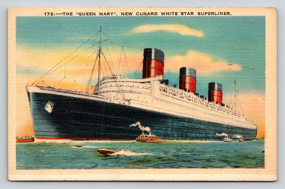 RMS Queen Mary Cunard White Star Superliner Ocean Liner Postcard 1930s
