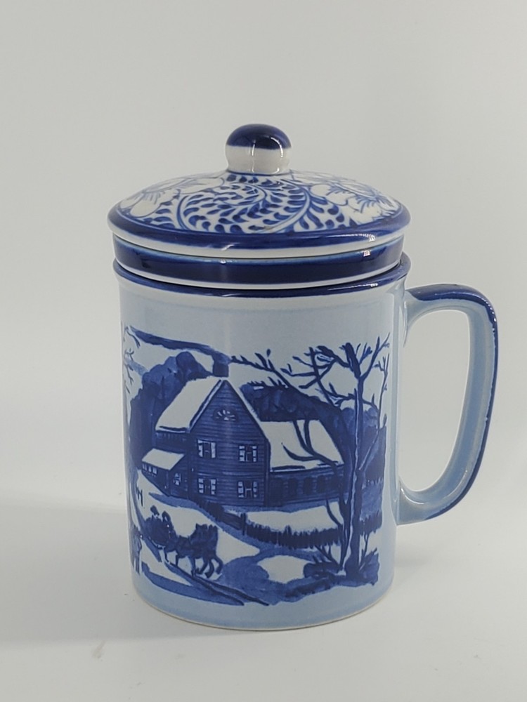 Vintage Blue Ceramic Mug and Tea Infuser with Lid, Winter Scene Barn Horse Japan