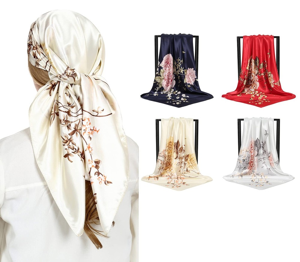 35-Inch Silk-Like Square Head Scarf for Women - Set of 4 Stylish Hair Wraps