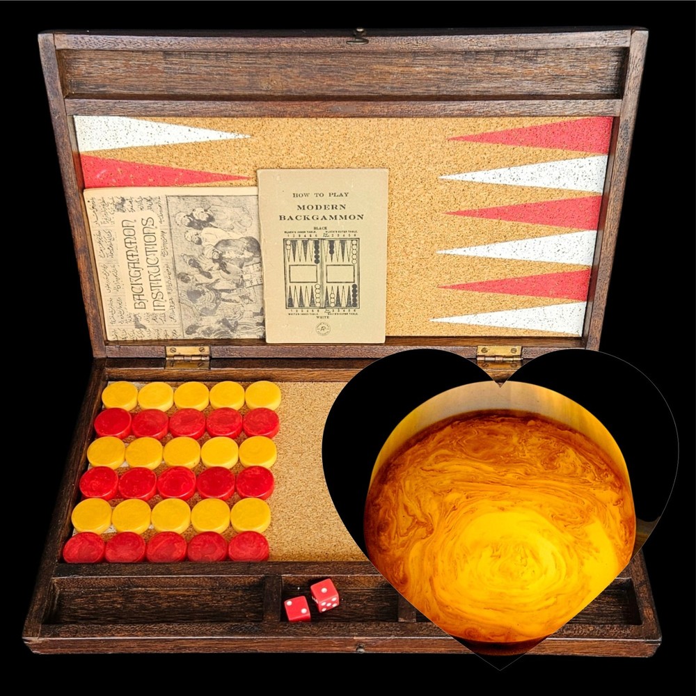 Vintage Catalin Bakelite Backgammon Set Marbled Butterscotch Red Swirl Checkers