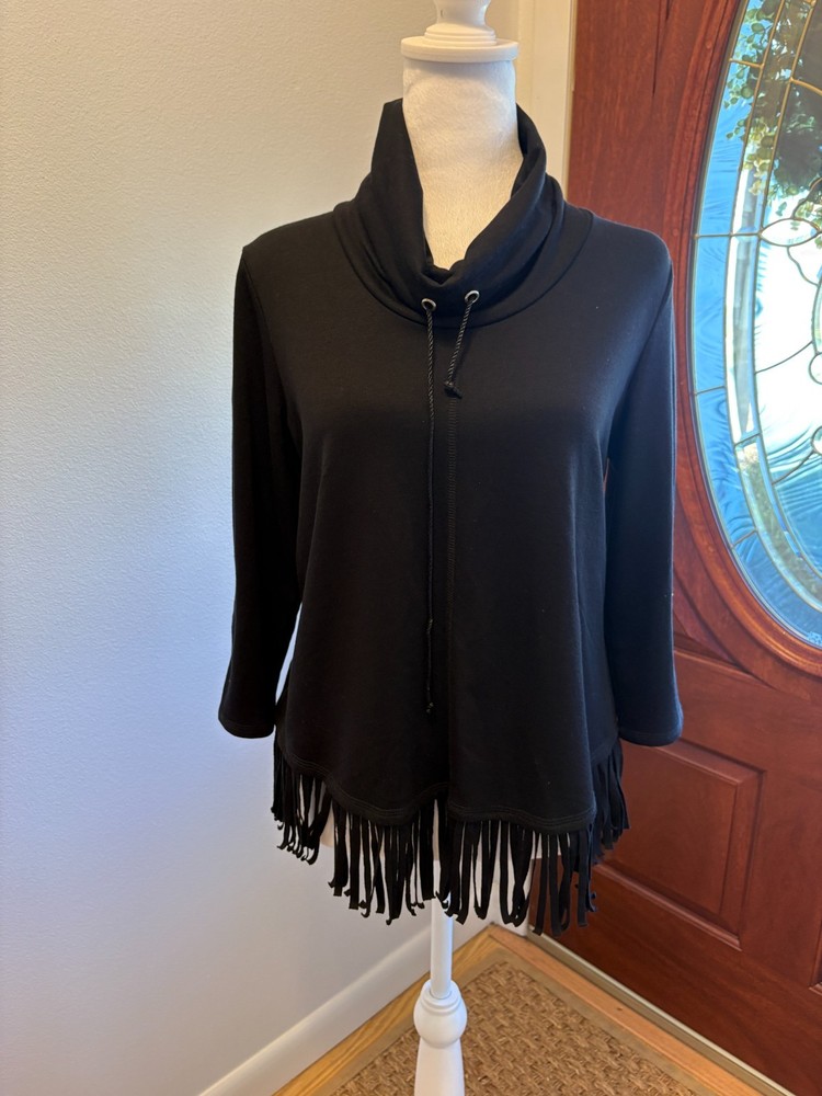 Women's Top RUBY RD. Petite Size PS Black Pullover with Fringe 3/4 Sleeve