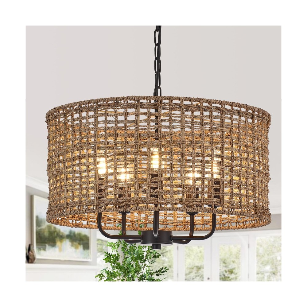 Hand-Woven Rattan Chandelier Vintage Farmhouse Boho Bamboo Chandeliers Light ...