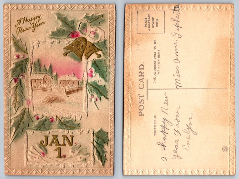 Antique Embossed New Year Postcard Winter Village Holly Bells JAN 1. 1900s