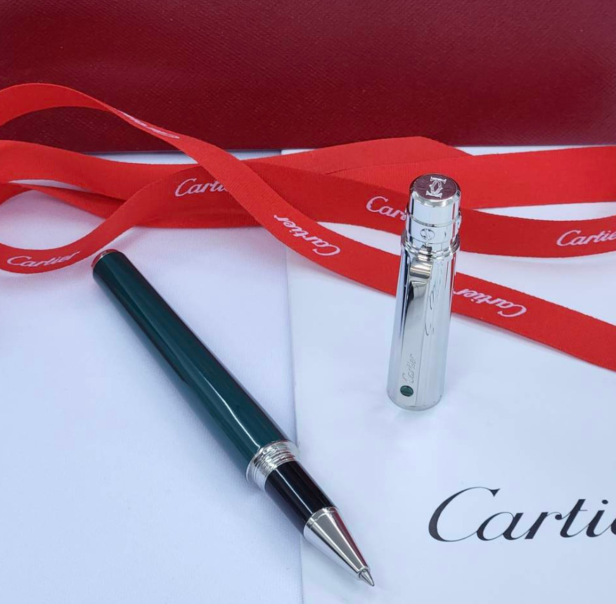 Cartier Green Rollerball Pen Silver Trim Luxury Writing Instrument Box New