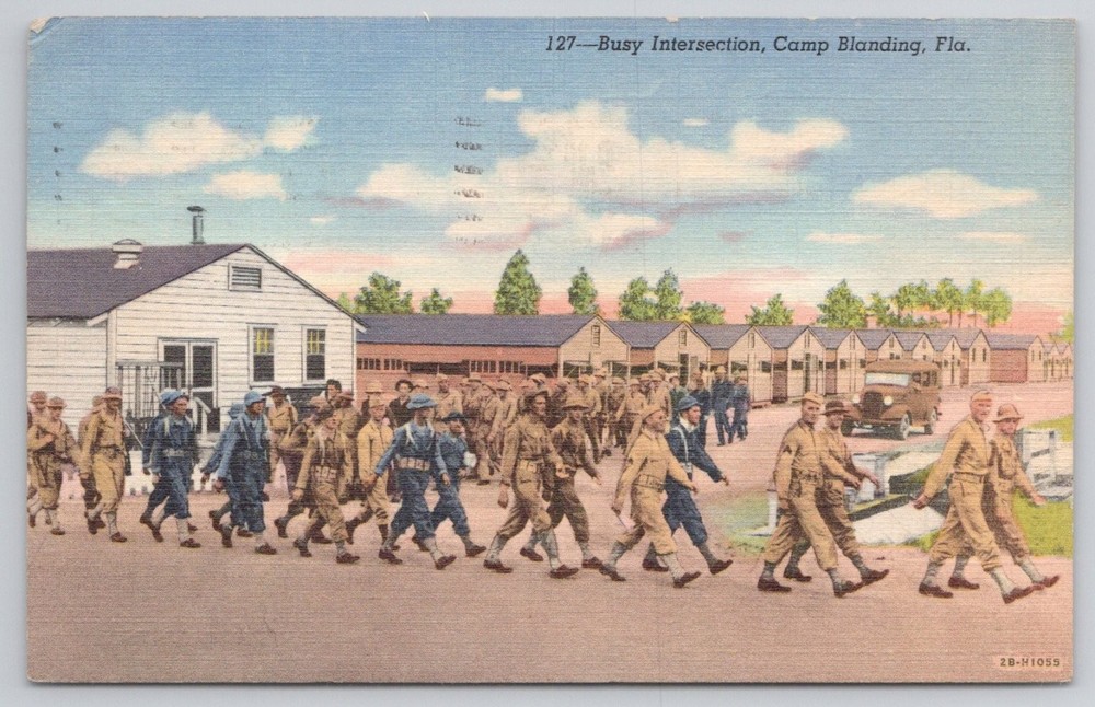 WWII Camp Blanding Florida Soldiers Marching Linen Postcard 1943 Curteich