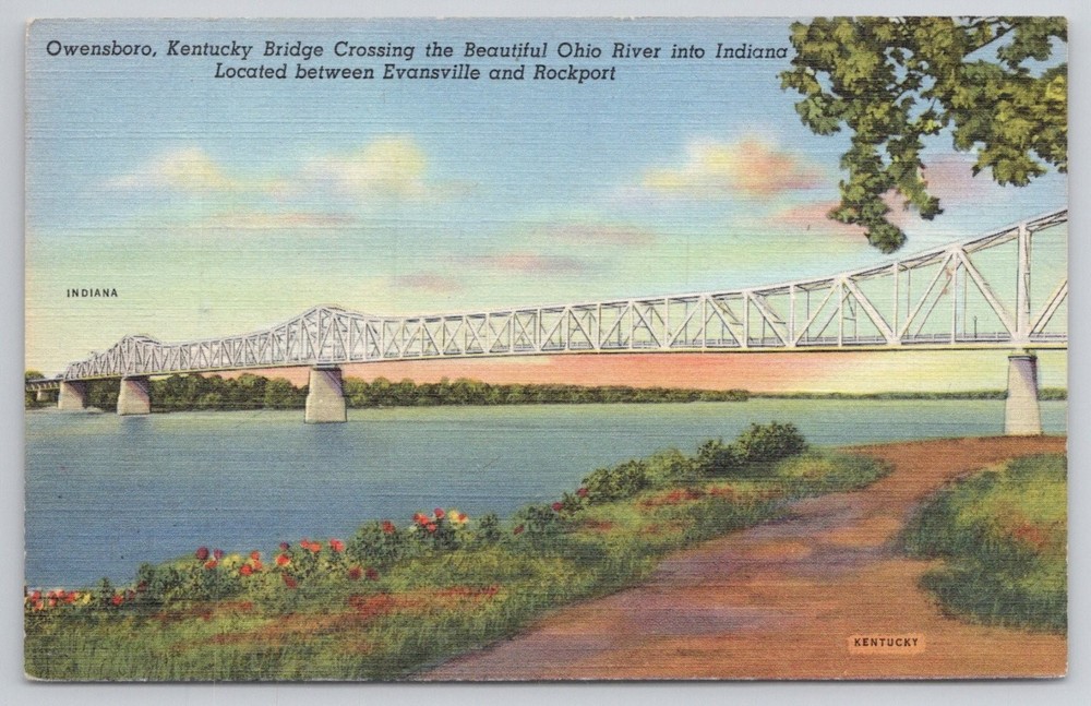 Owensboro Kentucky Bridge Ohio River Indiana Vintage Linen Postcard 1940s