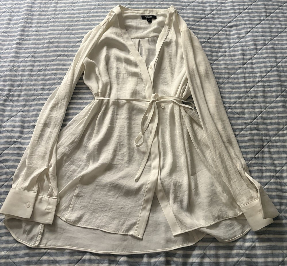 Simply Vera Vera Wang White Long Sleeve Button Tie V-Neck Tunic Blouse XS