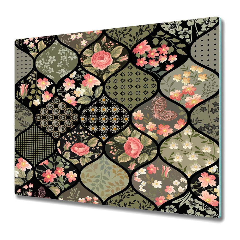 Glass Chopping Board Patchwork green cozy Colourful floral shapes 60x52