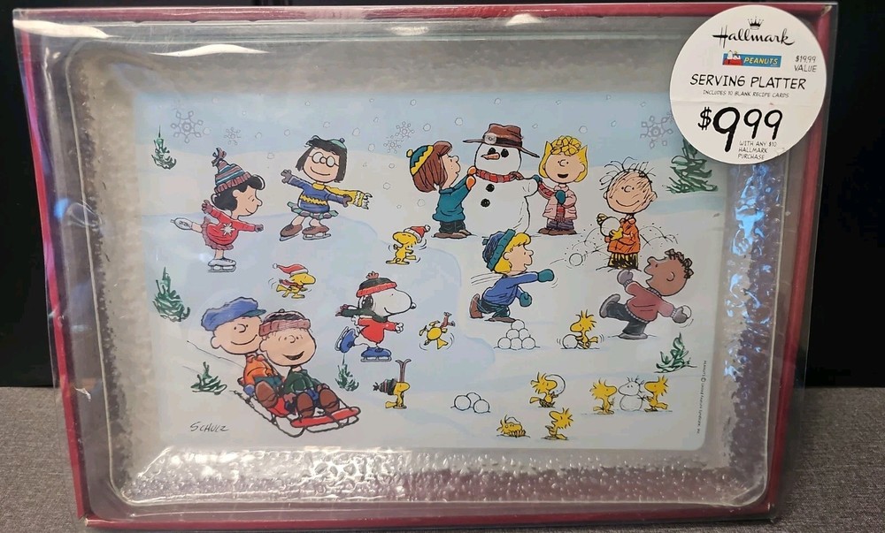 Peanuts & Snoopy Snow Christmas Hallmark Serving Platter w Recipe Cards NEW