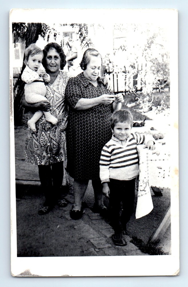 Old Vintage Photo WOMEN AND BOYS OUTSIDE BY TABLE ANTIQUE SNAPSHOT