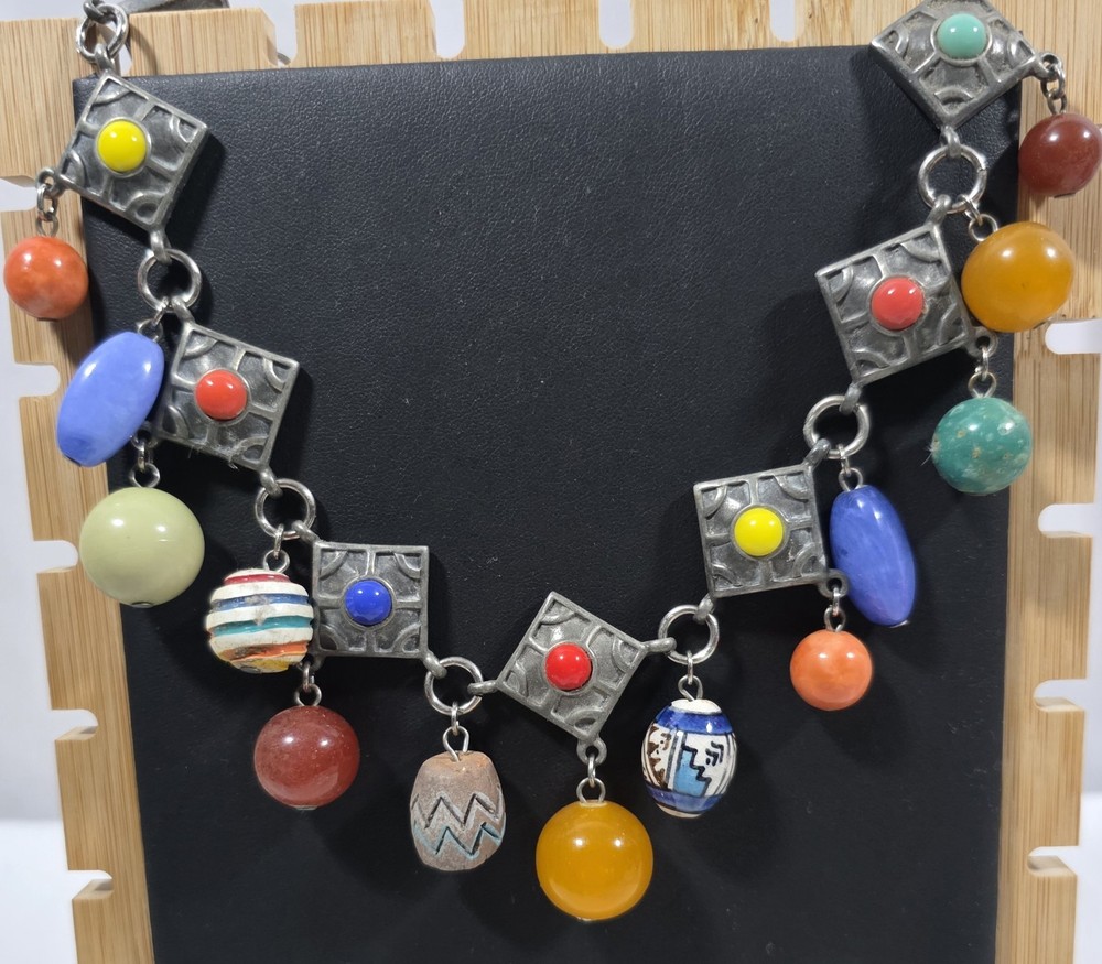 RARE! Vtg Ben Amun Silver Tone Glass Lucite Clay Wood Dangle Art Beads Necklace