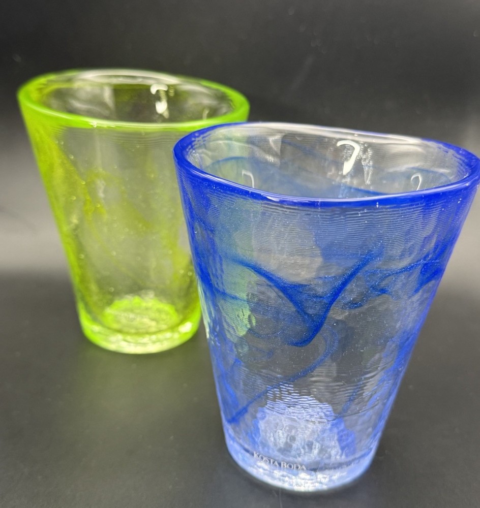 Set 2 Kosta Boda MINE Swirl Tumbler Blue & Lime Green Ulrica Hydman Vallien Tags
