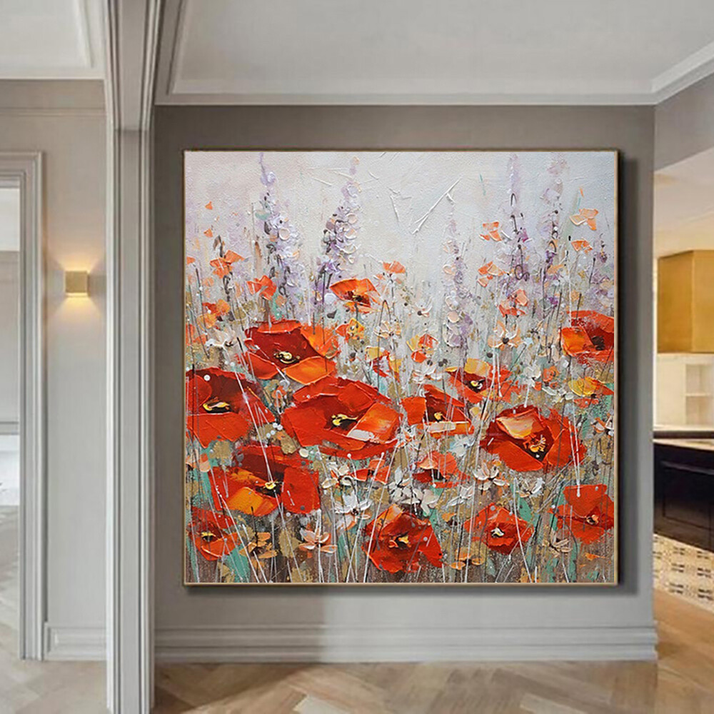 Hand Painted Abstract Red Flowers Landscape Oil Painting On Canvas Thick Oil