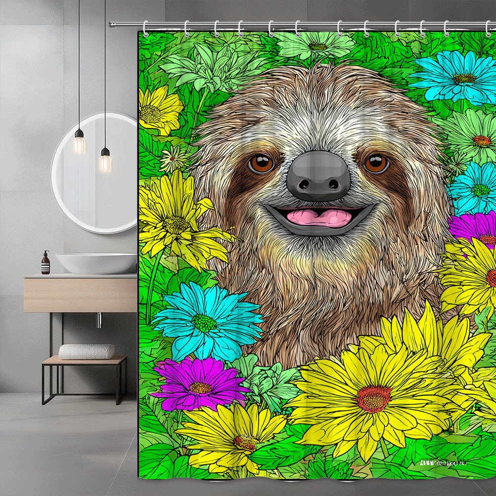 Sloth Floral Shower Curtain Colorful Cartoon Animal Print
