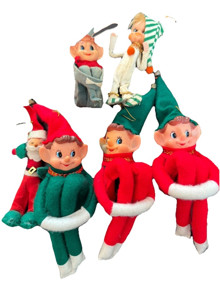 6 Vintage Felt Knee Hugger Elves Pixie Santa Poseable Christmas Figures