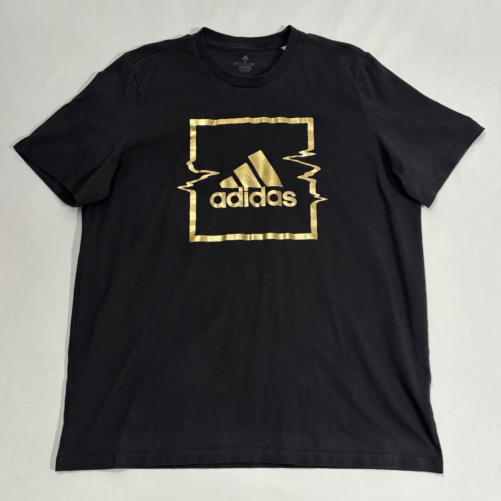 Adidas Men's Black GolD Adidas Logo Graphic T-shirt Short Sleeve Cotton ✅ Sz XL