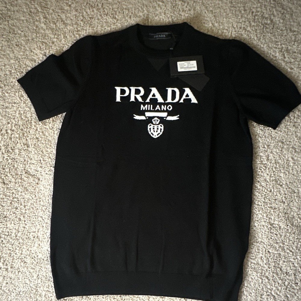 Prada Milano Logo Cotton T-Shirt, Crew Neck, Black/White, Size XL