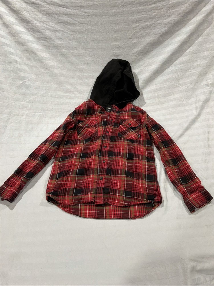 Vans Youth Women's Red Black Plaid Flannel Hoodie Snap Button Shirt Jacket