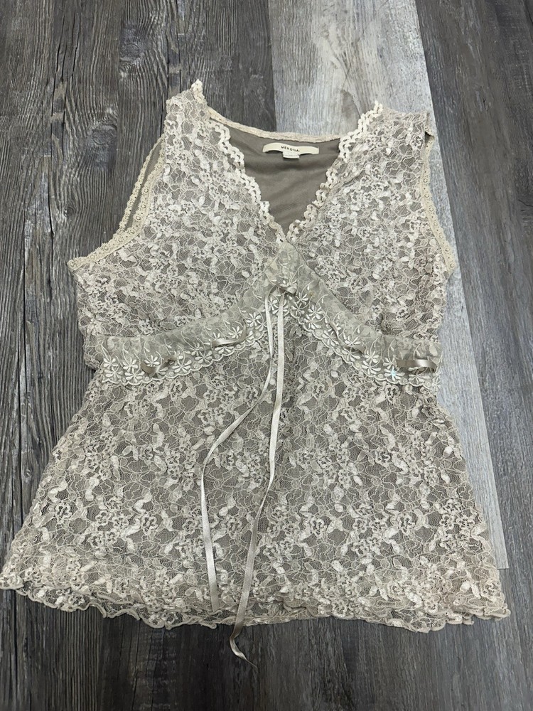 Vtg Merona Y2K Brown Lace Sequin Fairy Top Sz M Stretch Whimsy V-neck