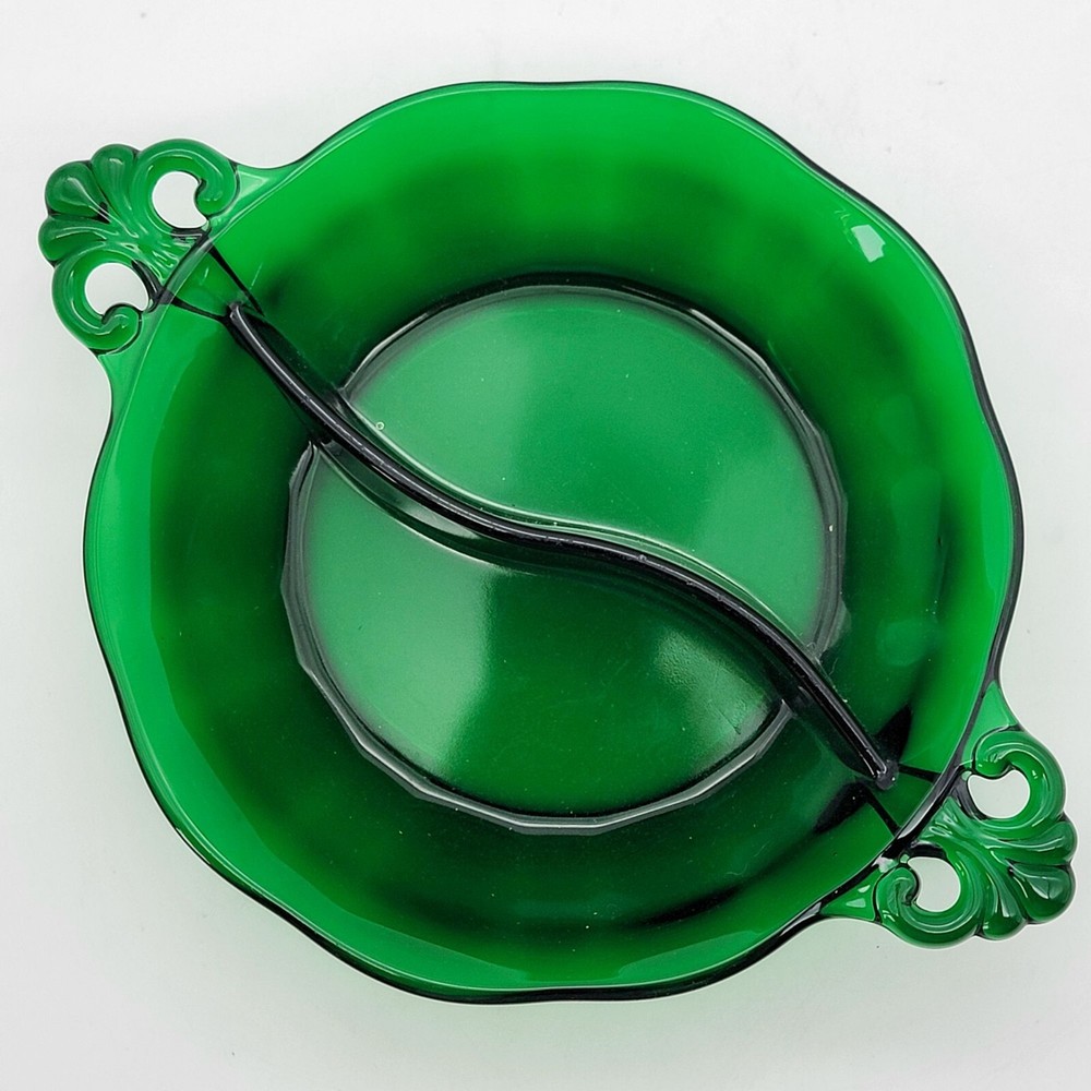 Fostoria Emerald Green Glass Divided Dish With Ornate Handles