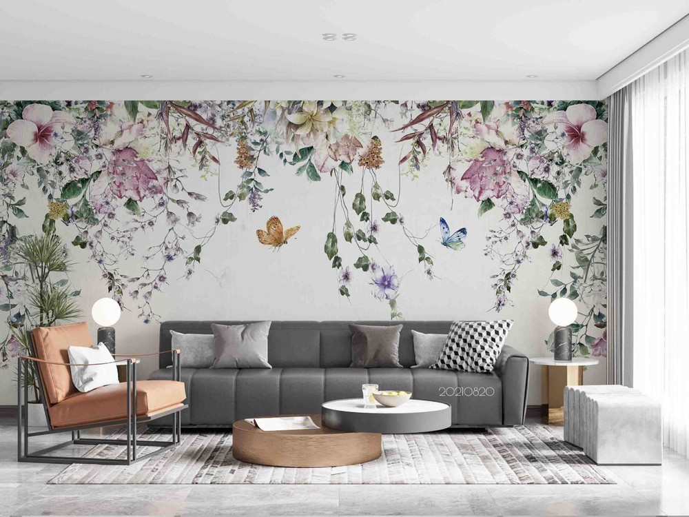 3D Flower Butterfly Watercolor Wall Murals Wallpaper Murals Wall Sticker