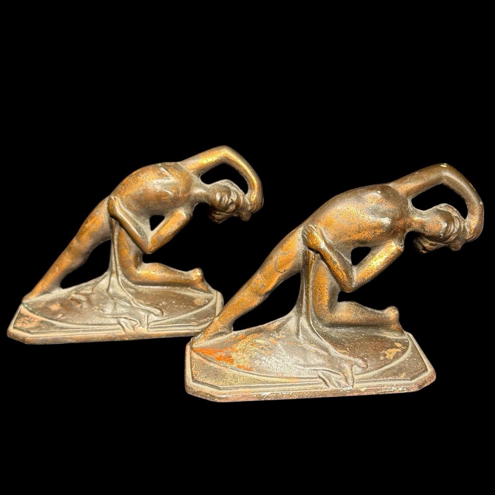 ANTIQUE ART NOUVEAU CAST IRON NUDE DECO LADY BUST STATUE DANCE Bronze BOOKENDS