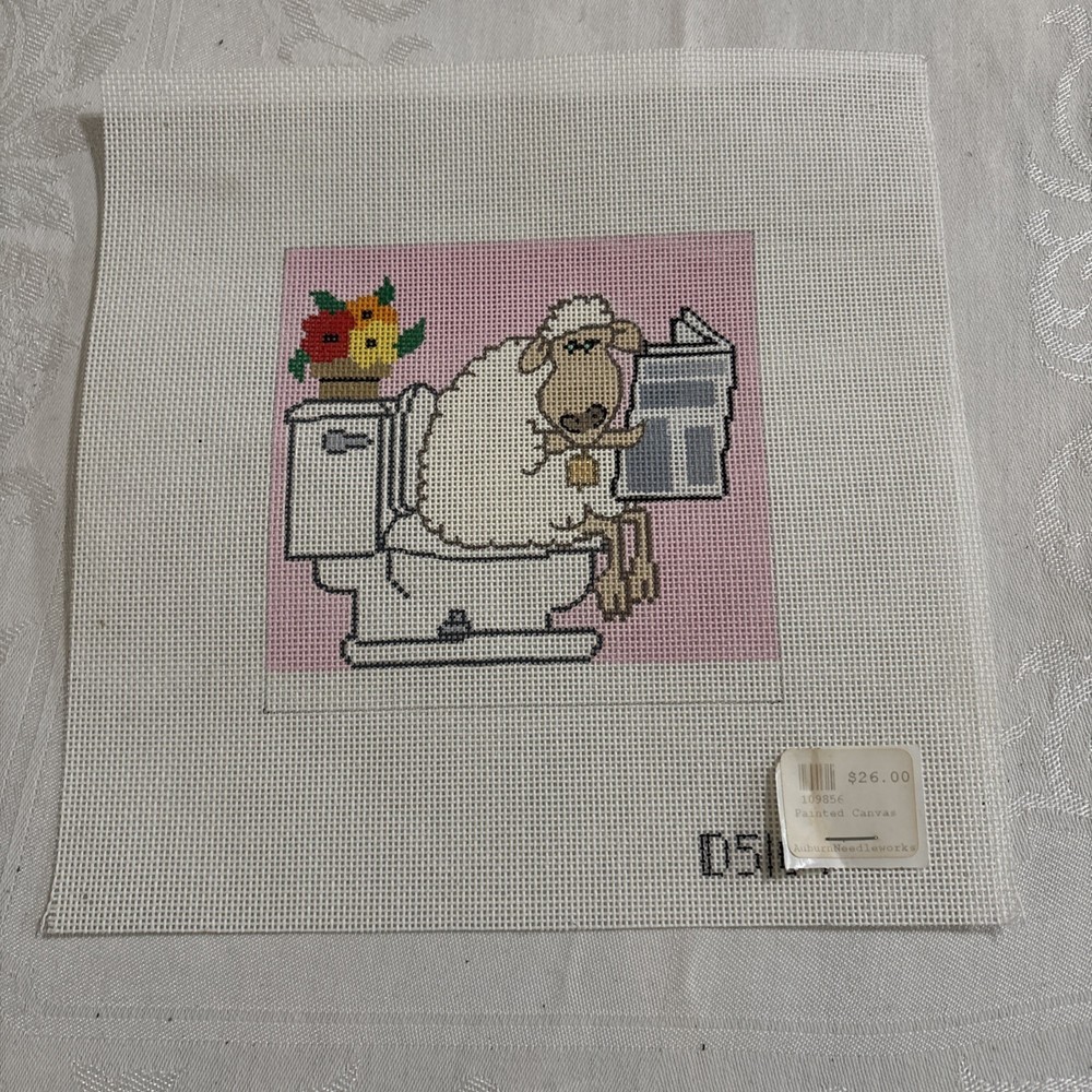 Vintage Suzie Vallerie Handpainted Needlepoint Canvas Sheep Sits With Newspaper
