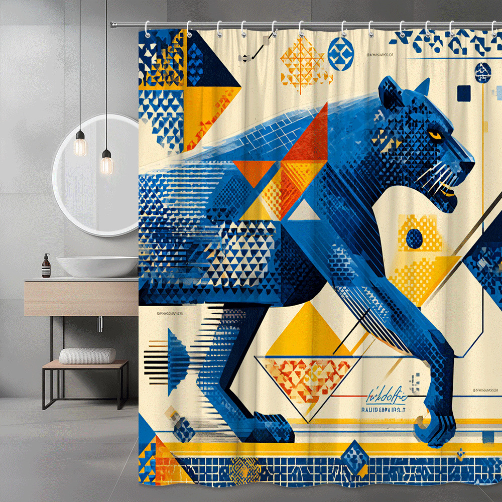 Blue Panther Abstract Graphic Shower Curtain Geometric Art