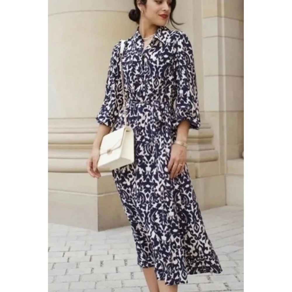 Zara Navy White Damask Ikat Print Midi Shirt Dress Belted Button Front Large