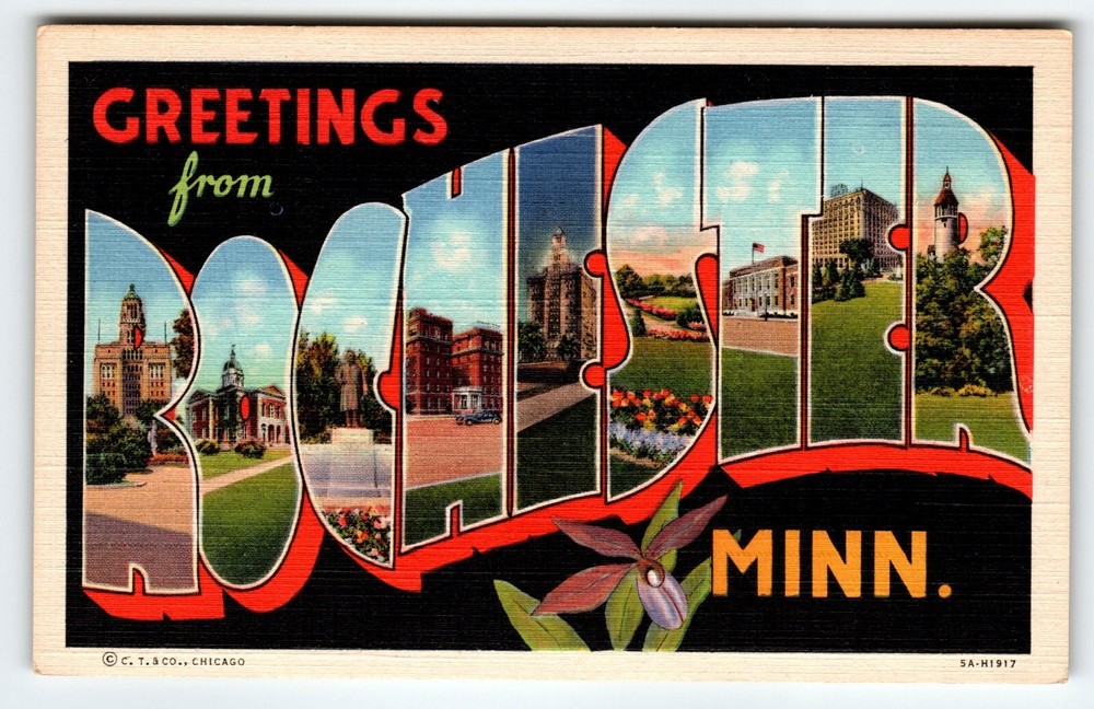 Greetings From Rochester Minnesota Large Letter City Postcard Linen Curt Teich