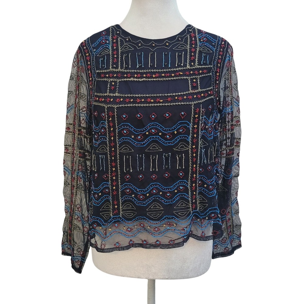 Zara Size M Navy Blue Embroidered Sheer Long Sleeve Blouse Boho Festival Top
