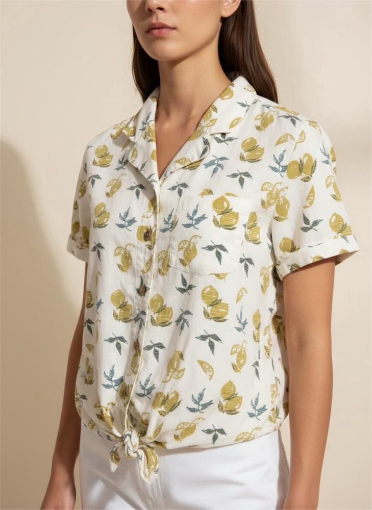 Kuhl Women’s Elsie Lemon Fruit Print Tie Front Button Up Shirts Cream Sz Small