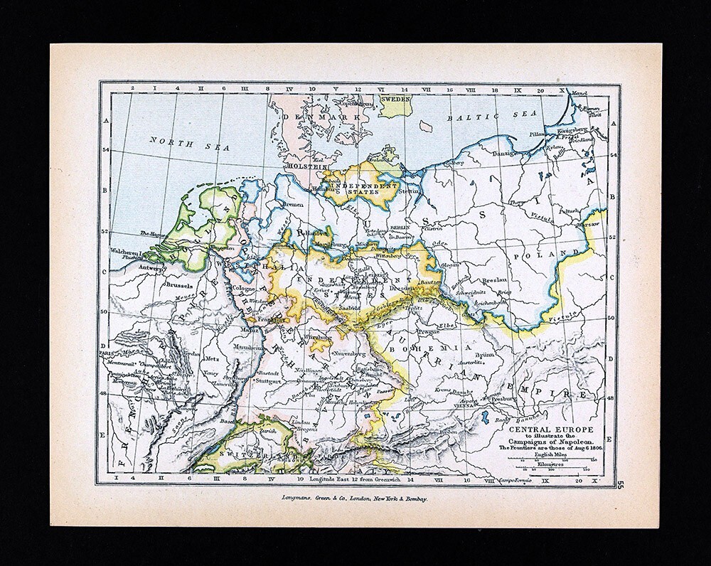 Antique Map Central Europe in 1806 Napoleonic Era France Germany Austria Poland