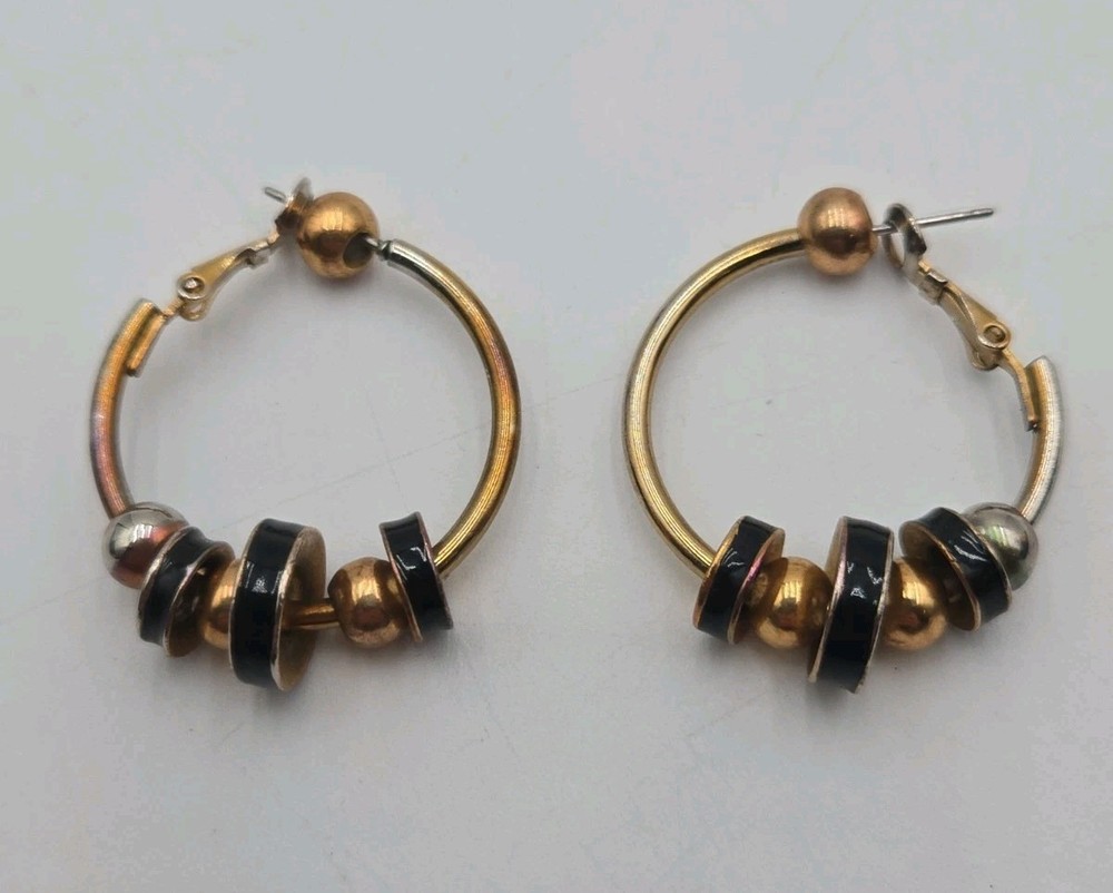 Vintage Gold Tone Hoop Earrings Black Enamel Beaded Retro Boho Statement Jewelry