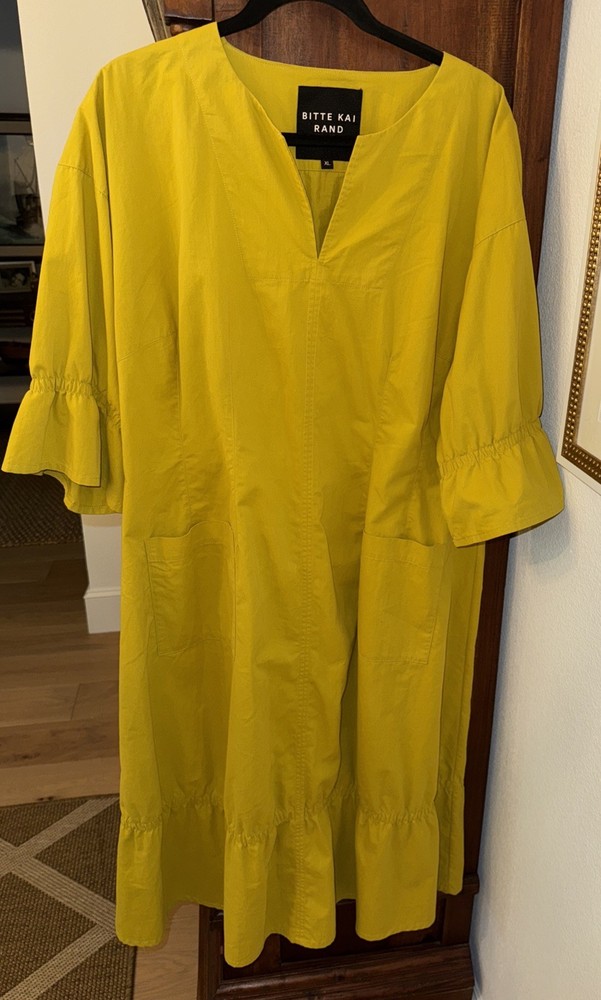 Bitte Kai Rand Paper Poplin Shift Dress Size XL Chartreuse Cotton Oversize