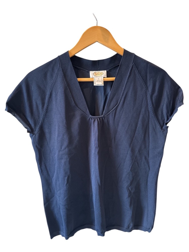 Talbots Top Womens Large Blue Short Sleeve Pleated Stretch Knit V-Neck Classic