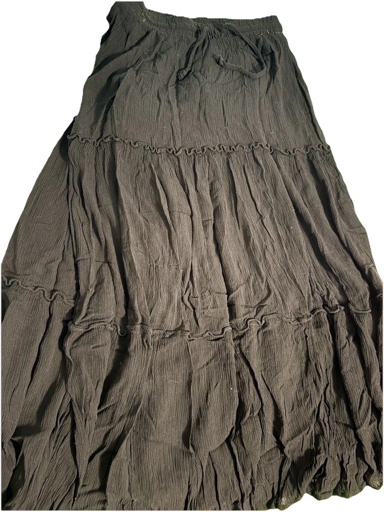 Passport Tiered Crinkle Skirt Black Elastic Waist Long Size S