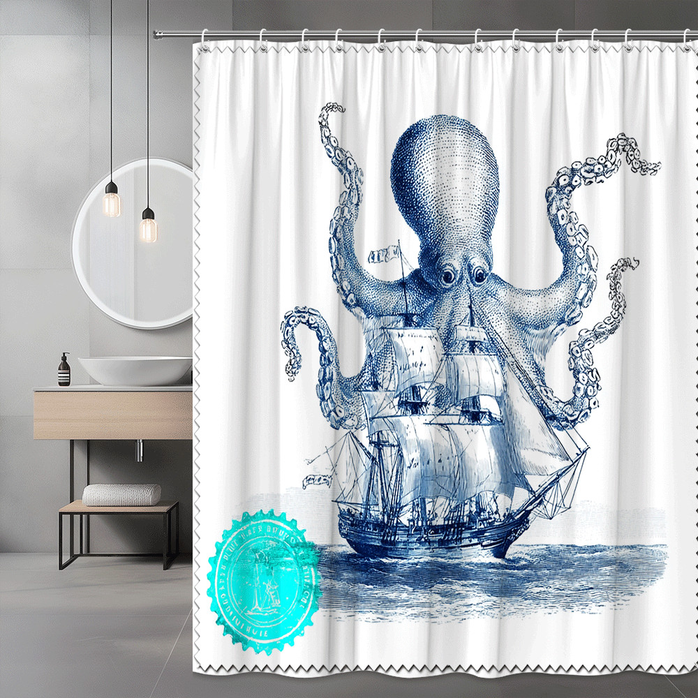 Octopus Ship Shower Curtain Blue Nautical Graphic Print
